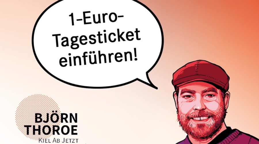 Comic-Zeichnung von Björn Thoroe, in einer Sprechblase steht folgender Text: "1-Euro-Tagesticket einführen!"