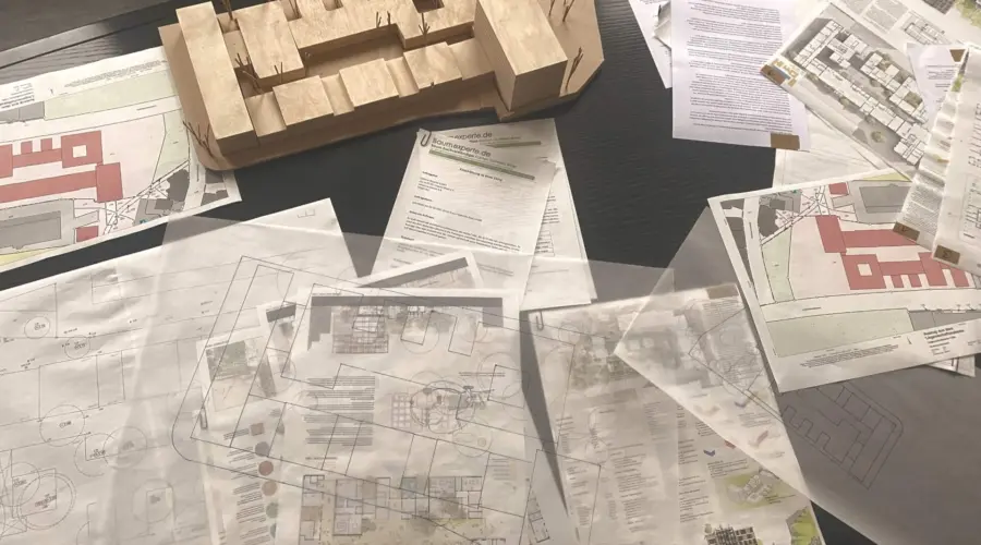 Zu sehen sind zahlreiche Planungs-Skizzen, Risszeichnungen sowie ein hölzernes Gebäude-Modell auf einem Schreibtisch.