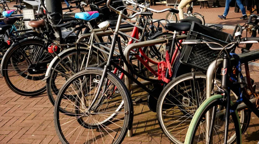 Zahlreiche Fahrräder an Fahrradbügeln.