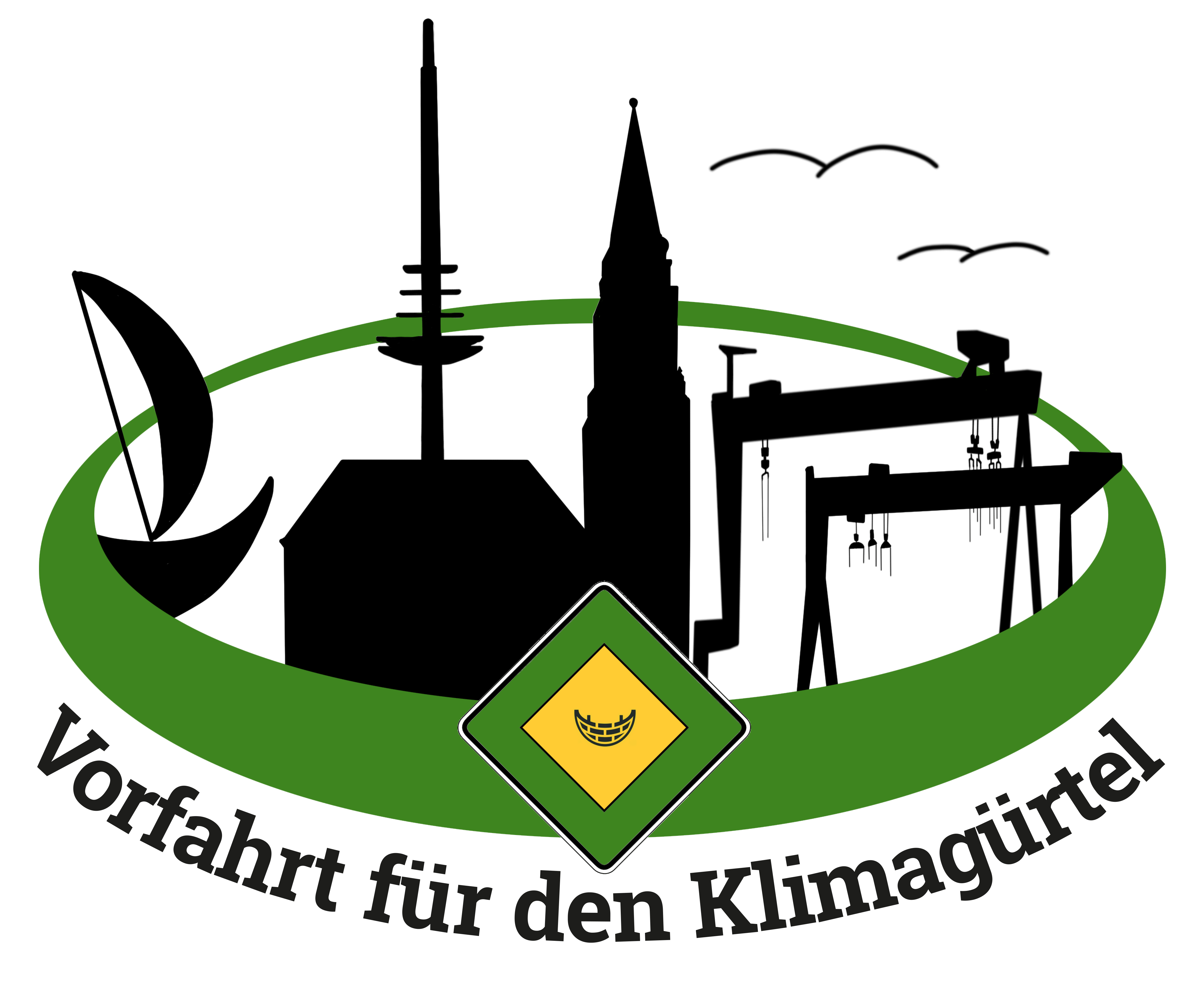 Logo des Klimagürtel-Bündnisses mit verschiedenen, stilisierten Kieler Landmarken und folgendem Text: Vorfahrt für den Klimagürtel