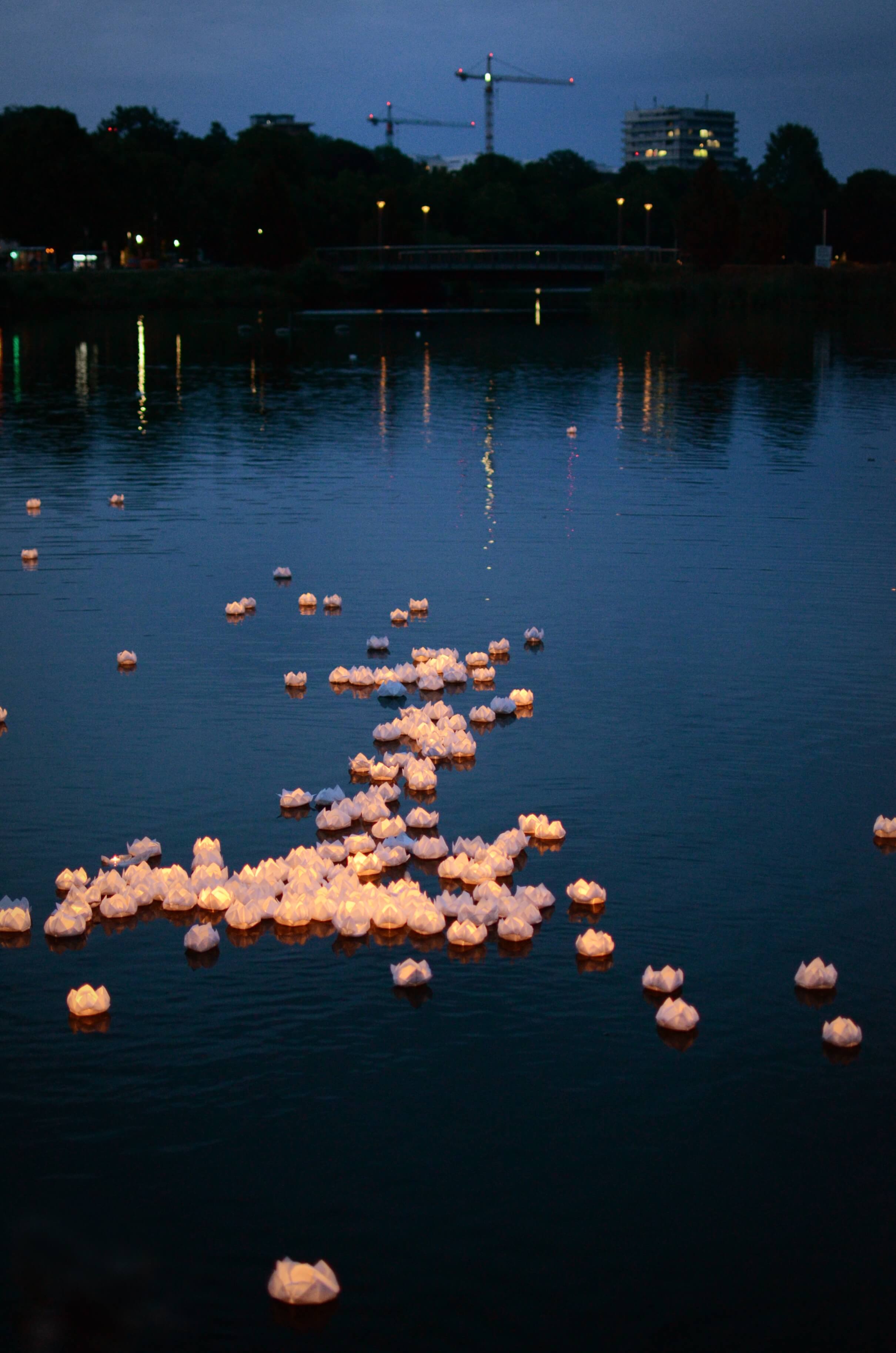 Zahlreiche schwimmende Lotusblütten aus Papier.
