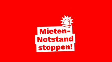 Textgrafik mit einer über folgendem Text zu sehenden Alarmleuchte: Mieten-Notstand stoppen!