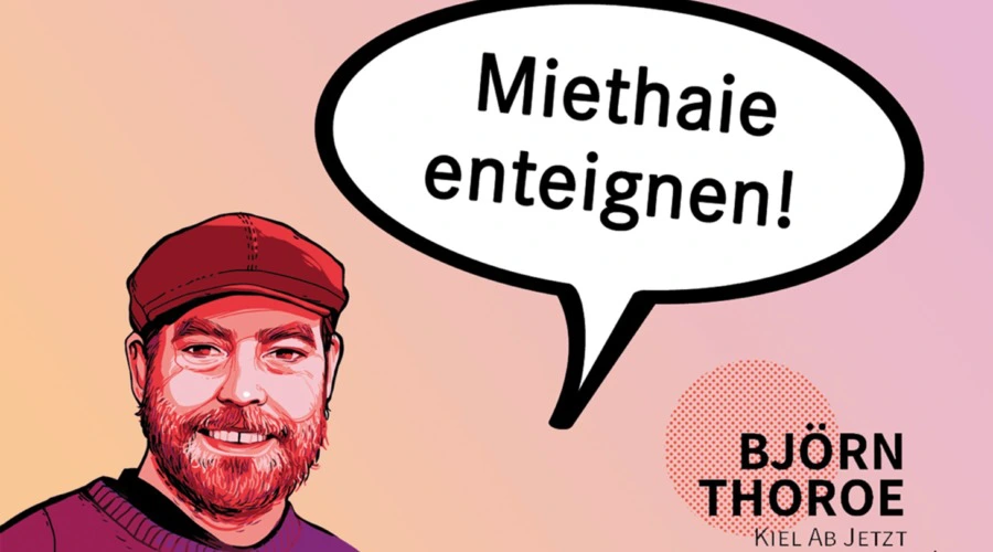 Björn Thoroe als Comicfigur, in der Sprechblase steht: "Miethaie enteignen!"