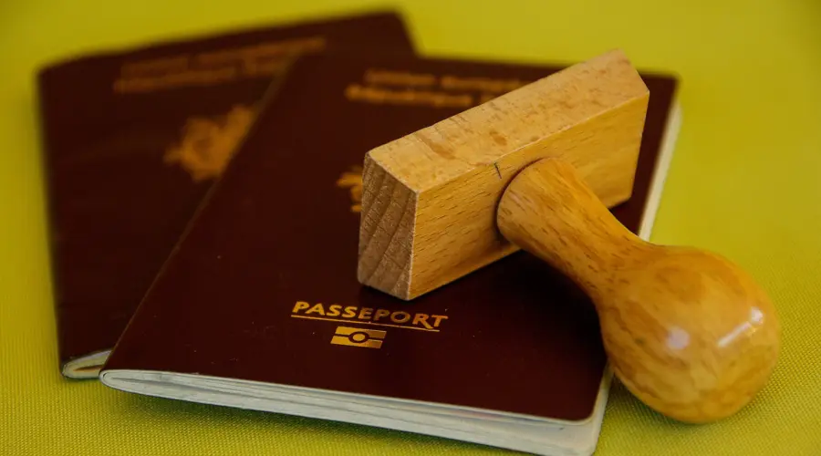 Zwei Pässe (von welchem Land, ist nicht zu erkennen), darüber ein Stempel.