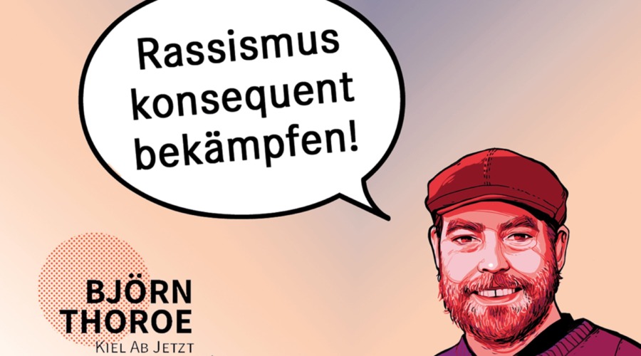 Björn Thoroe als Comicfigur, in der Sprechblase steht: "Rassismus konsequent bekämpfen!"