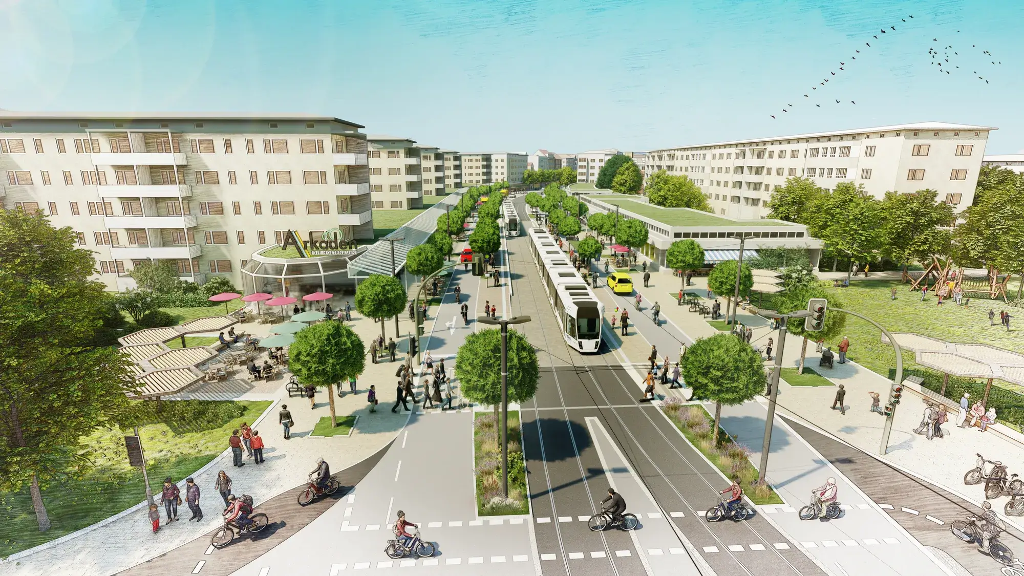 Künstlerische Visualisierung der fertigen Stadtbahn mit Blick auf die Arkaden in der südlichen Holtenauer Straße.