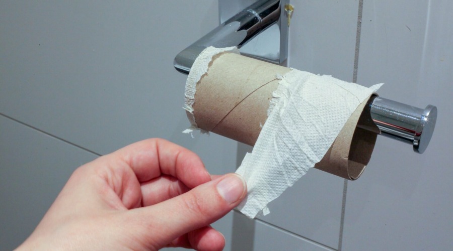 Ein Hand greift nach einer leeren Rolle Toilettenpapier, an dem nur noch ein Fetzen Papier hängt.